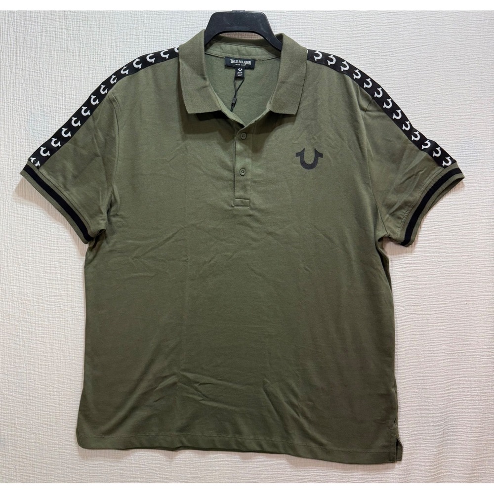 True Religion Men's Polo Shirt M Olive Green TR Logo Trim Relaxed Fit Grunge